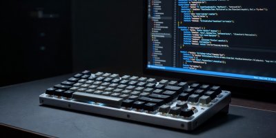 A mechanical developer keyboard next to dark terminal displaying Python and Go code modules